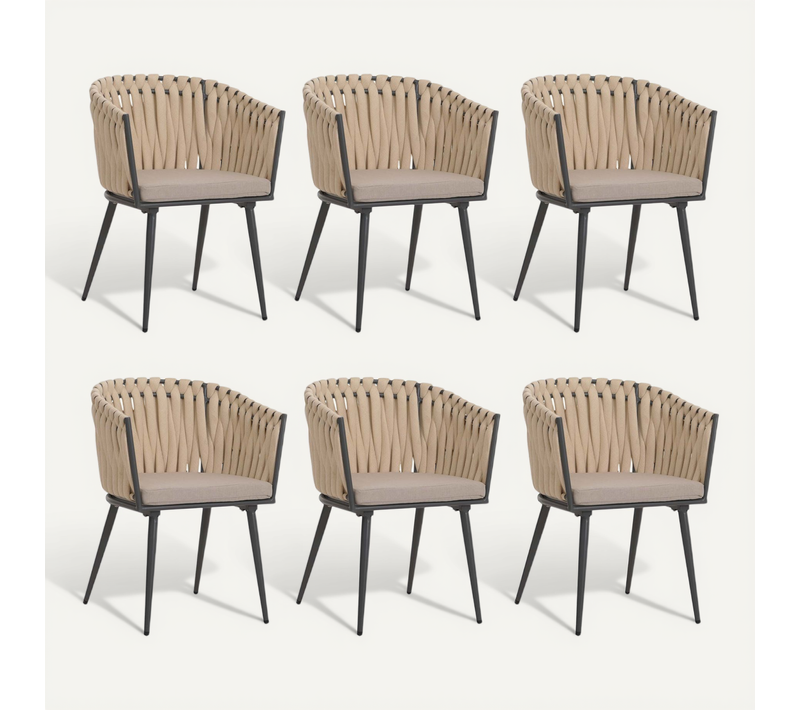 Lot De 6 Chaises De Salle à Manger En Aluminium Corde Tressée Crème Et Coussins Marron Clair 04_00
