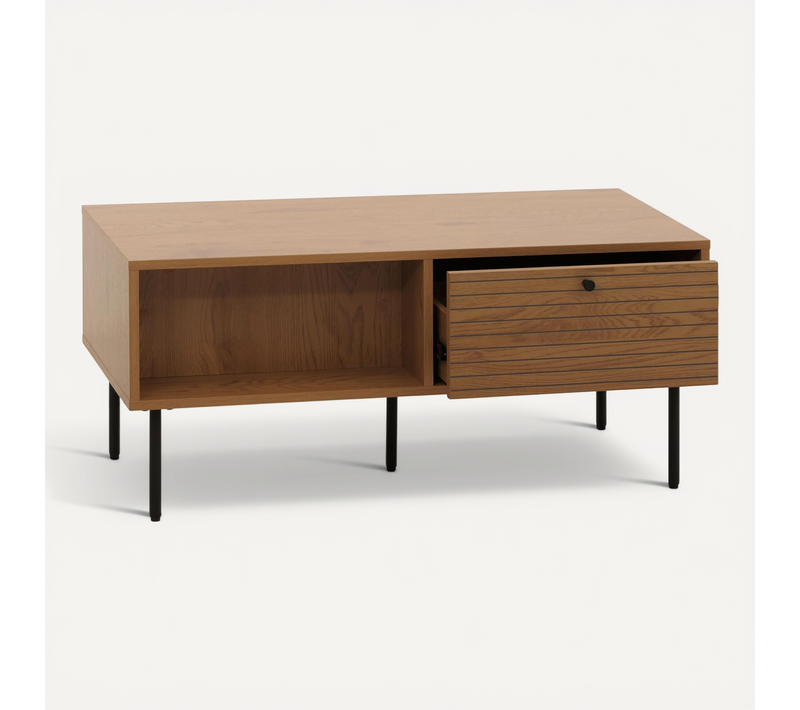 Table Basse Design Scandinave Avec Tiroirs Et Rangements Finition Mélaminée Résistante Et Métal 10