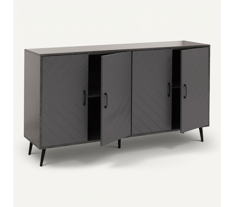 Buffet Moderne 150 Cm Effet Marbre Gris Meuble De Rangement 4 Portes Motif Chevrons Surface