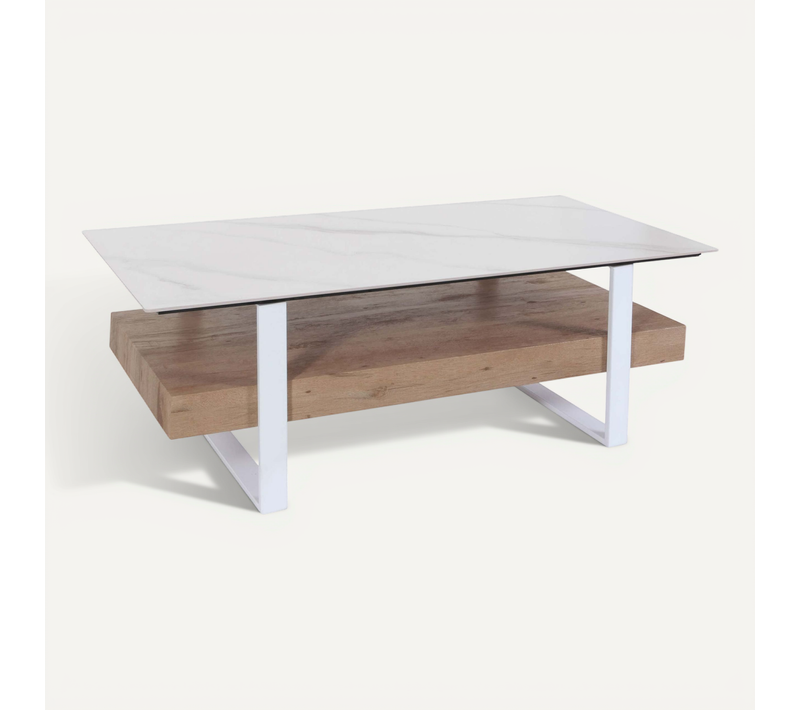 Table Basse Design Avec Plateau Effet Marbre Blanc Pierre Frittée étagère Rangement Structure Méta