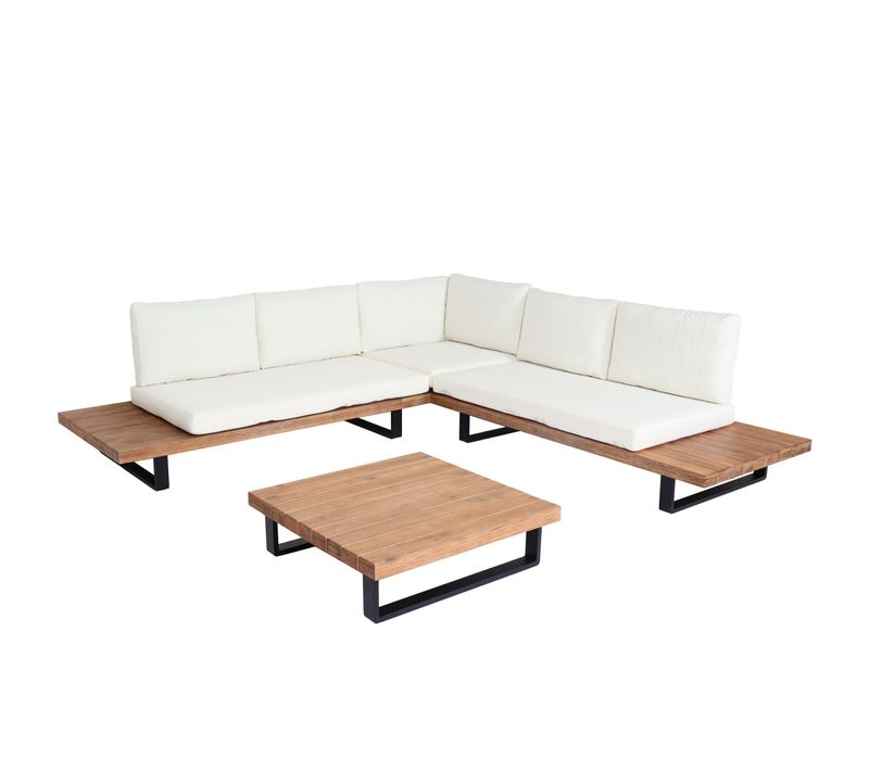 Salon De Jardin Ensemble Lounge 5 Places 255x255 Cm Aluminium Et Bois D’acacia Avec Coussins Crème
