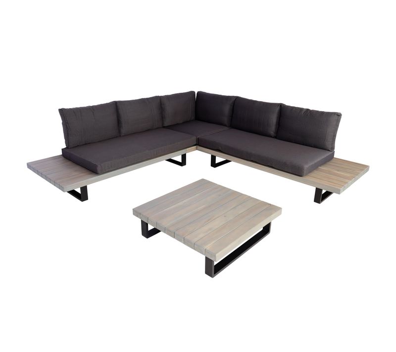 Salon De Jardin Ensemble Lounge 5 Places 255x255 Cm Aluminium Et Bois D’acacia Avec Coussins Gris