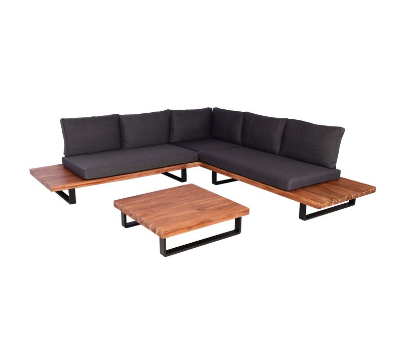 Salon De Jardin Ensemble Lounge 5 Places 255x255 Cm Aluminium Et Bois D’acacia Avec Coussins Gris
