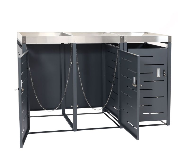 Cache Poubelles Triple 3 Bacs 80 à 120l Avec Bac à Plantes Inox Et Acier Galvanisé 110x175x62 Cm 0