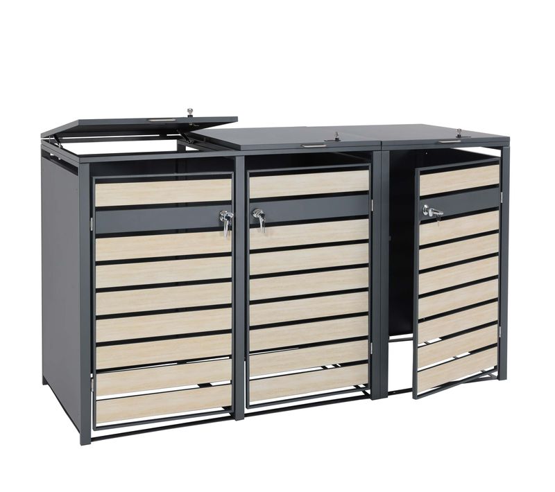 Cache-poubelles Triple En Acier Anthracite Avec Aspect Bois Clair Pour Bacs 80–240 L