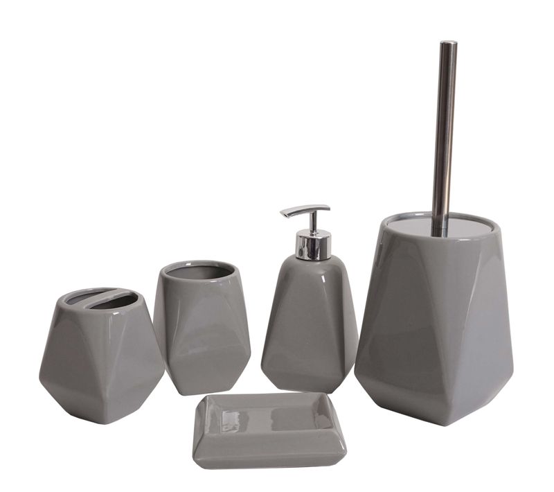 Lot De 5 Accessoires De Salle De Bain Modernes 33 X 10 X 10 Cm Design épuré En Céramique Gris 04_0