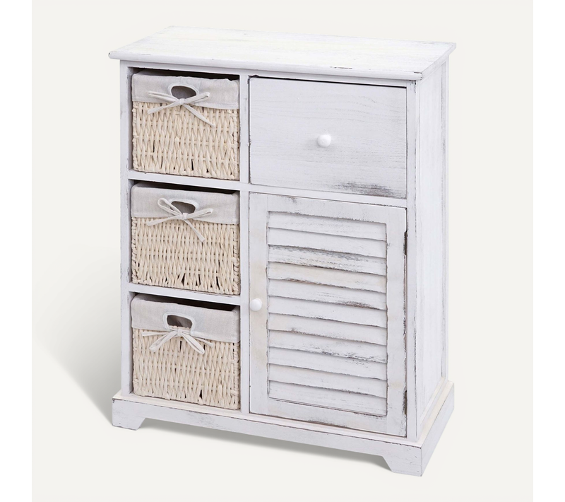 Commode Meuble De Rangement Avec Tiroirs Et Paniers En Bois Massif Blanc Vieilli Style Shabby Chic