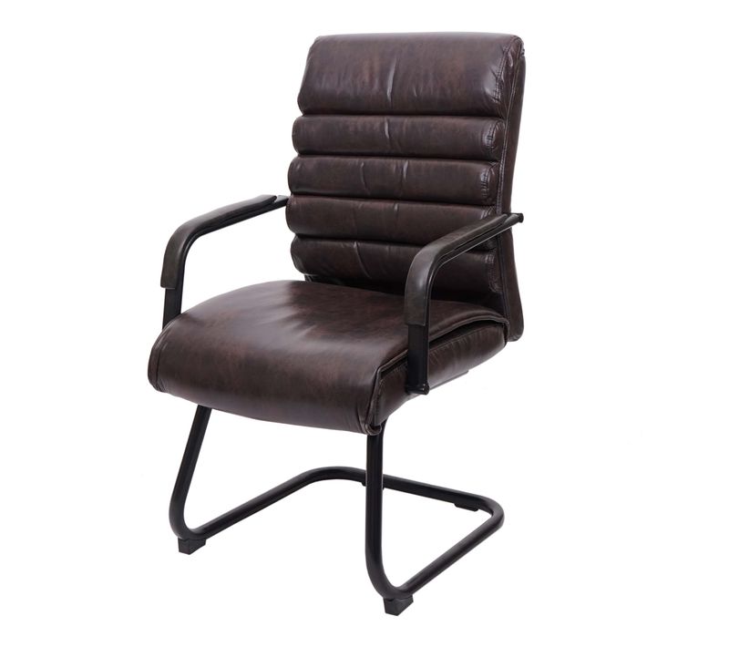 Fauteuil De Bureau Sans Roulettes Chaise De Conférence Assise Et Dossier Arrondis Pvc Marron 04_00