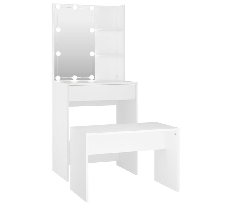 Ensemble De Coiffeuse Avec Tabouret LED 60 X 40 X 140 Cm Bois D'ingénierie Blanc 02_0