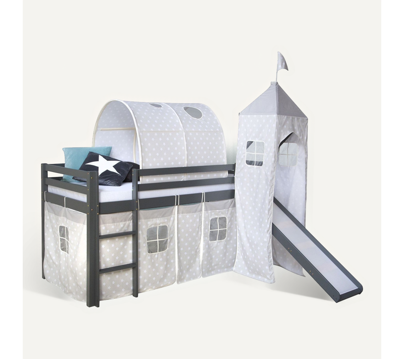 Lit Mezzanine 90x200cm Avec échelle Toboggan En Bois Gris Avec Tissu étoile Tunnel Et Tour Lit0617