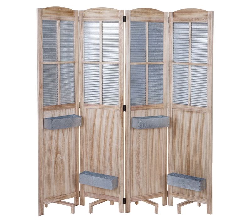 Paravent 4 Panneaux Avec 4 Jardinières Amovibles Séparateur De Pièce Cloison De Séparation En Bois