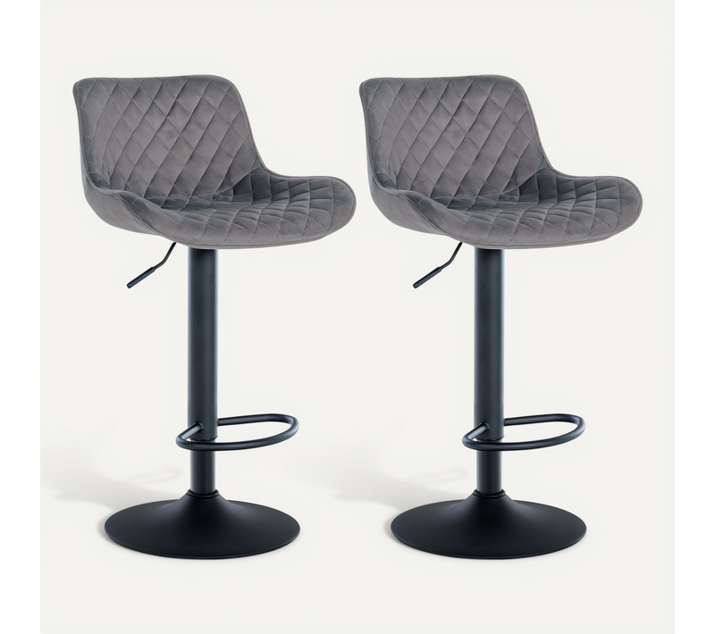 Lot De 2 Tabourets De Bar Réglable Et Pivotant Assise En Velours Gris Pieds Métal Noir Tdb10608
