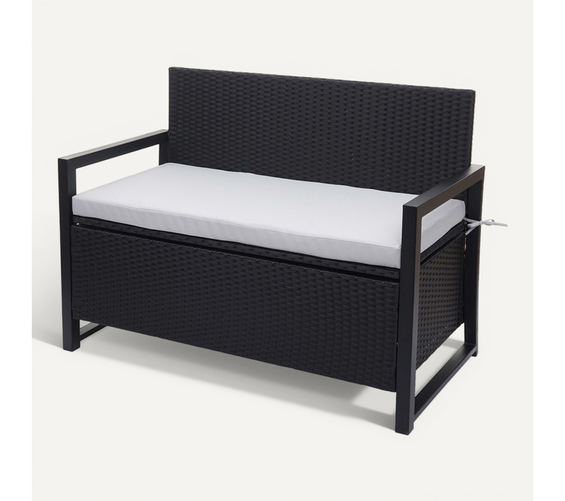 Banc De Jardin 2 Places En Polyrotin Anthracite Avec Compartiment De Rangement Coussin D'assise