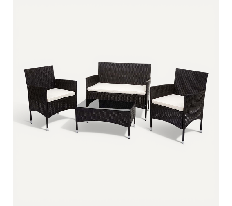 Salon De Jardin Balcon Jardin En Polyrotin Marron Canapé Fauteuils Table Coussin Crème 04_0004199
