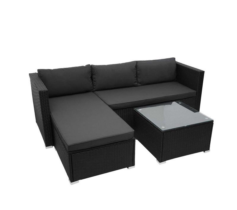 Salon De Jardin Pour Balcon Jardin Lounge Set Sofa Polyrotin Noir Coussin Gris Foncé 04_0003248