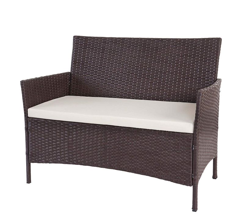 Banc De Jardin Banquette En Polyrotin Marron Chiné Avec Coussin Crème Mdj04136