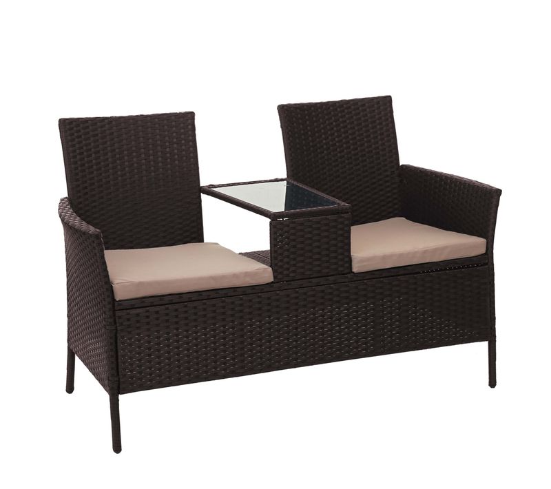 Banc En Polyrotin Avec Table Fauteuils Chaises De Jardin 132cm Marron Coussin Crème 04_0001138