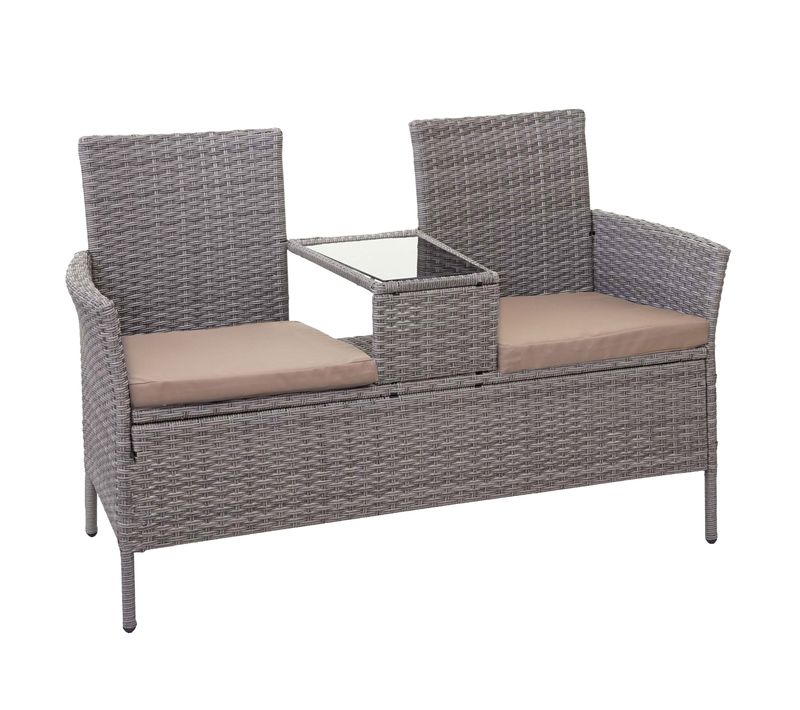 Banc En Polyrotin Avec Table Fauteuils Chaises De Jardin 132cm Gris Coussin Crème 04_0001140
