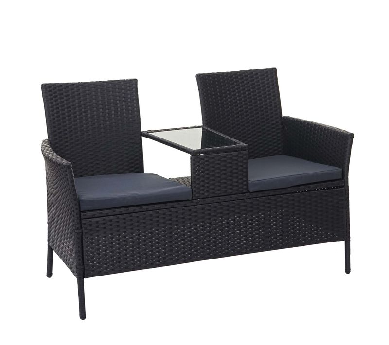 Banc En Polyrotin Avec Table Fauteuils Chaises De Jardin 132cm Noir Coussin Gris Foncé 04_0001141