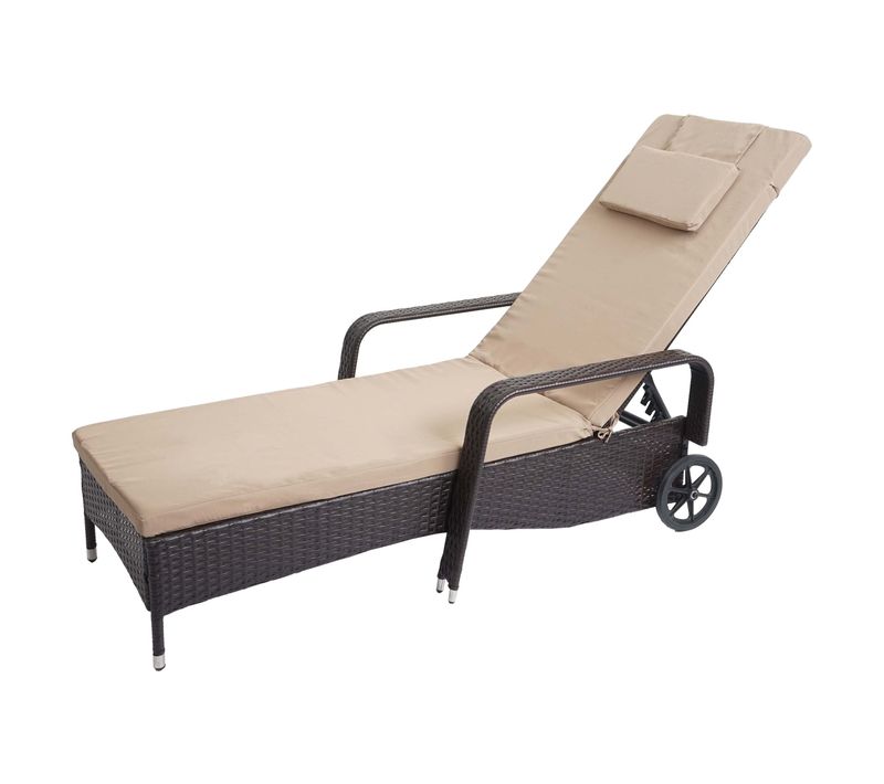 Chaise Longue Relaxation Transat De Jardin Bain De Soleil Poly Rotin Marron Housse Beige 04_000424