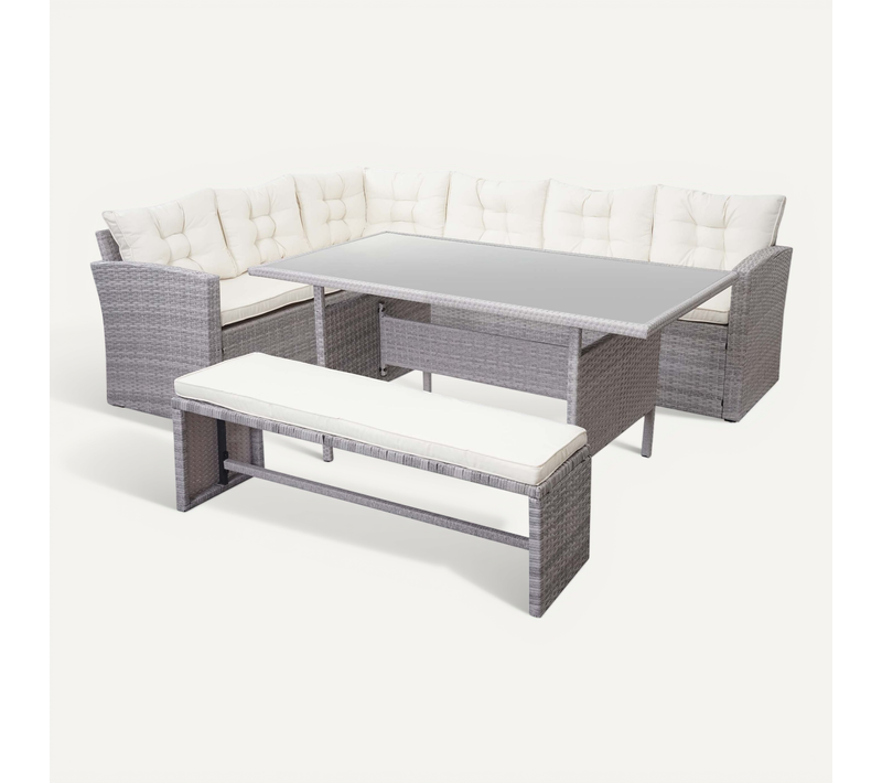 Ensemble Complet De Salon De Jardin Terrasse Balcon Véranda En Polyrotin Gris Clair Coussin Crème