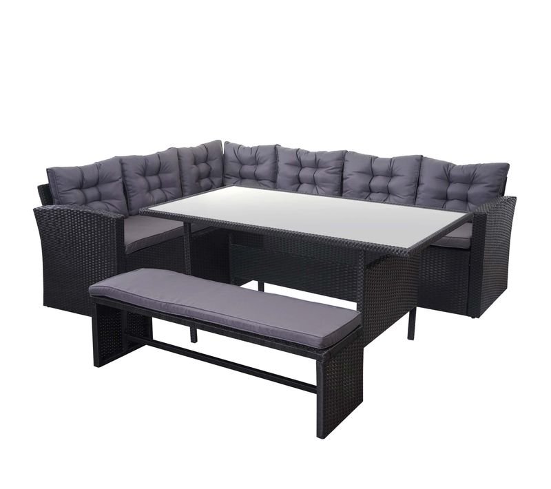 Ensemble Complet De Salon De Jardin Terrasse Balcon Véranda En Polyrotin Noir Coussin Gris Foncé A