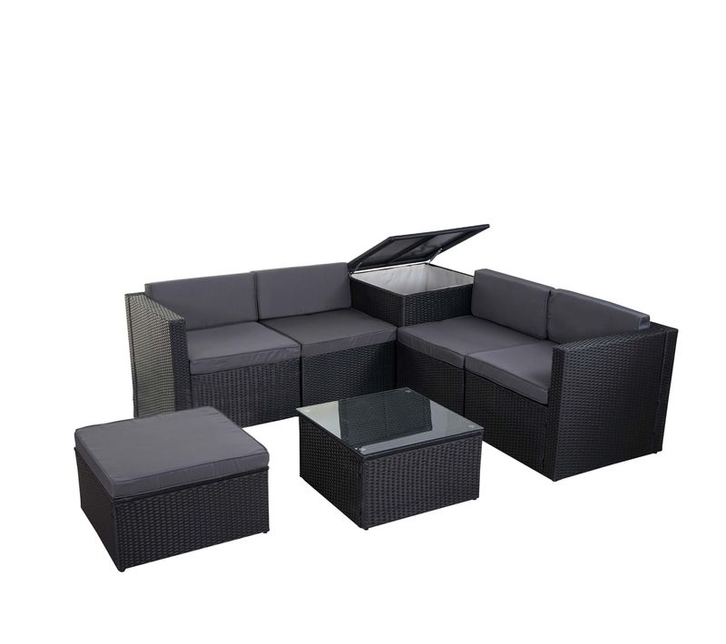 Salon De Jardin Fauteuil Table Coffre Pouf En Poly-rotin Pour Balcon Jardin Anthracite Coussin Gris