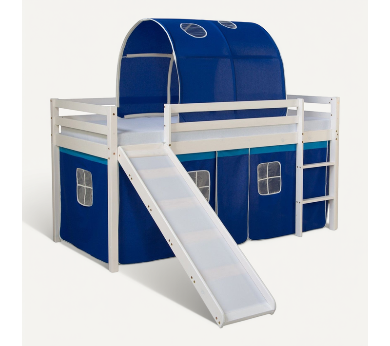 Lit Mezzanine Pour Enfant Avec Sommier Toboggan Tunnel Rideau Modèle Bleu 90x200 Cm Lit06186