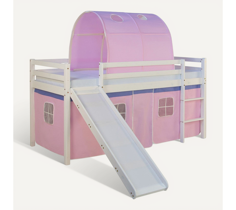 Lit Mezzanine Pour Enfant Avec Sommier Toboggan Tunnel Rideau Modèle Rose 90x200 Cm Lit06187