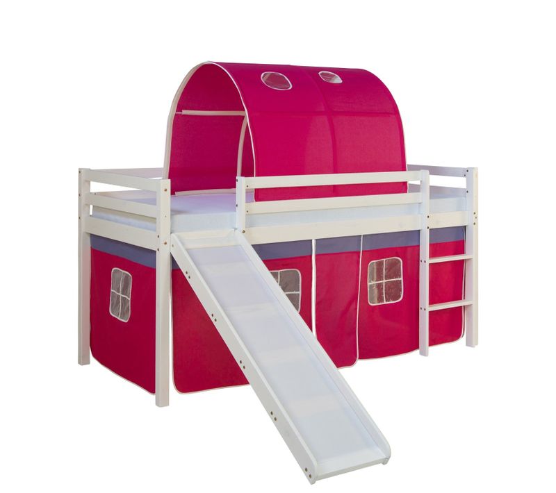 Lit Mezzanine Pour Enfant Avec Sommier Toboggan Tunnel Rideau Modèle Rose Foncé 90x200 Cm Lit06188
