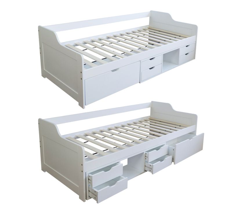 Lit Simple Avec Sommier à Lattes Et Tiroirs De Rangement En Pin Blanc 90x200 Lit06234