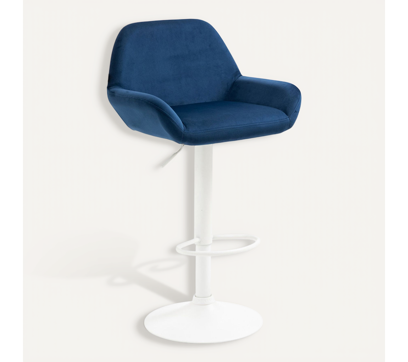 Tabouret De Bar En Velours Rembourré Bleu Base Trompette Métal Blanc Mat Tdb10412