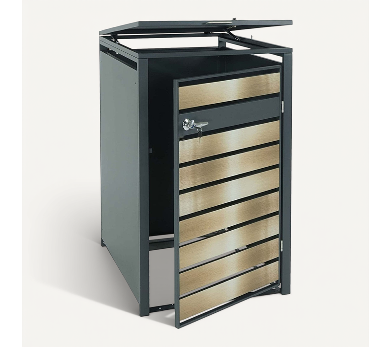 Abri De Poubelle Vérouillable En Métal Anthracite Aspect Bois Doré Mdj04179