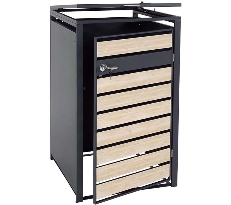 Abri De Poubelle Vérouillable En Métal Anthracite Aspect Bois De Hêtre Marron Clair Mdj04177