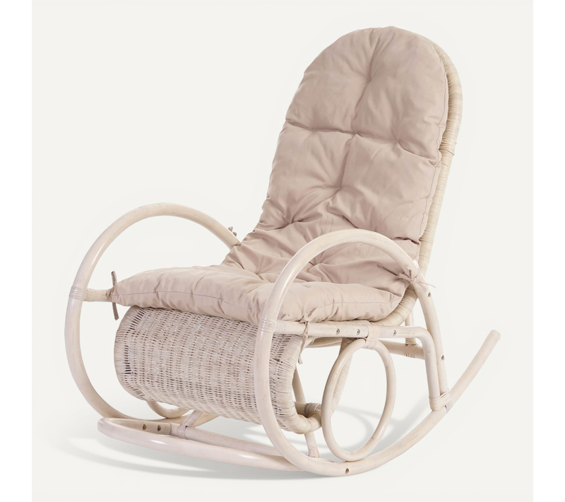 Fauteuil à Bascule Chaise Swing Rocking Chair En Rotin Blanc Coussin Crème 04_0003176