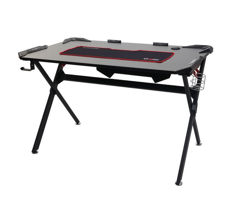 Bureau Table D'informatique 120x75cm Porte-gobelet Porte-casque En Mdf Et Métal Noir 04_0001444