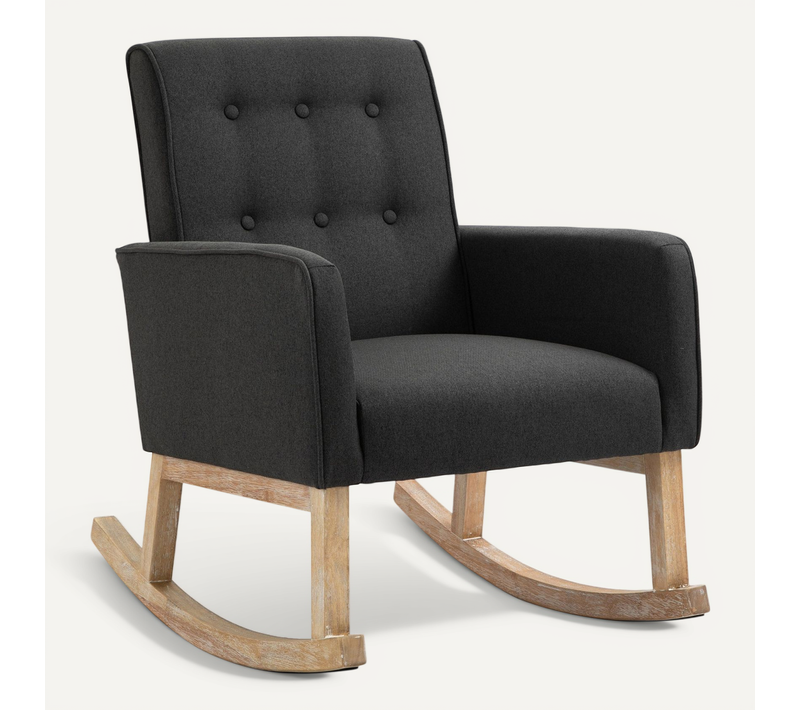 Fauteuil à Bascule Rocking Chair Design Moderne Dossier Capitonné En Tissu Pieds En Bois Tissu Taupe