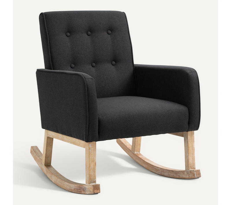 Fauteuil à Bascule Rocking Chair Design Moderne Dossier Capitonné En Tissu Pieds En Bois Tissu Noir