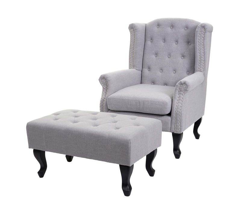 Fauteuil Chesterfield Relaxation Fauteuil Club En Tissu/textile Gris Avec Repose-pieds 04_0003082