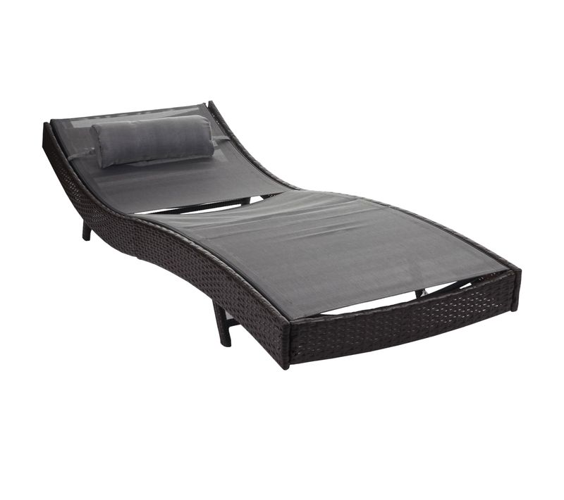 Chaise Longue Transat Bain De Soleil Pour Jardin Poly-rotin Marron Housse Gris 04_0004809