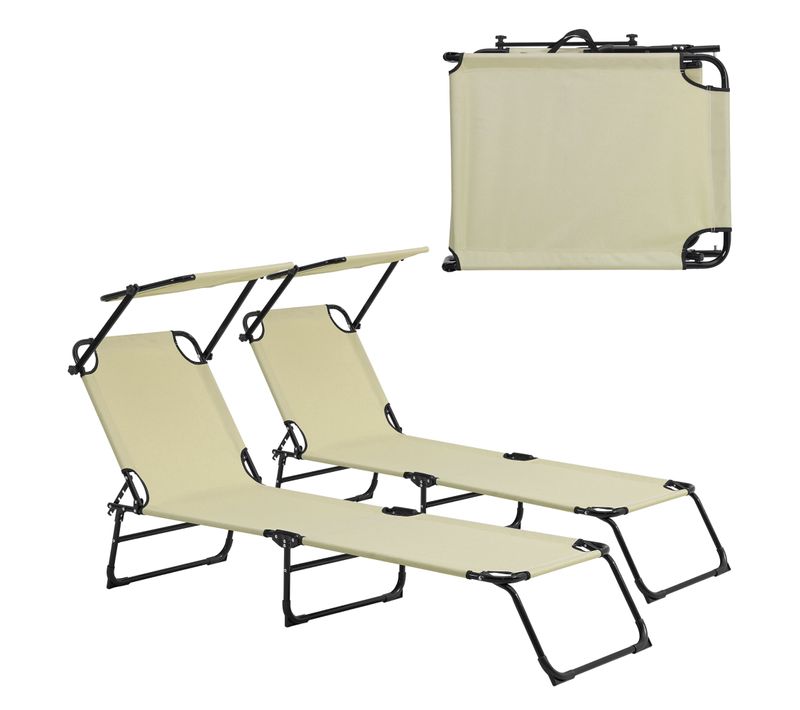 Lot De 2 Transats Pliable Avec Toiture Pare Soleil De Relax Acier 190 Cm Crème 03_000