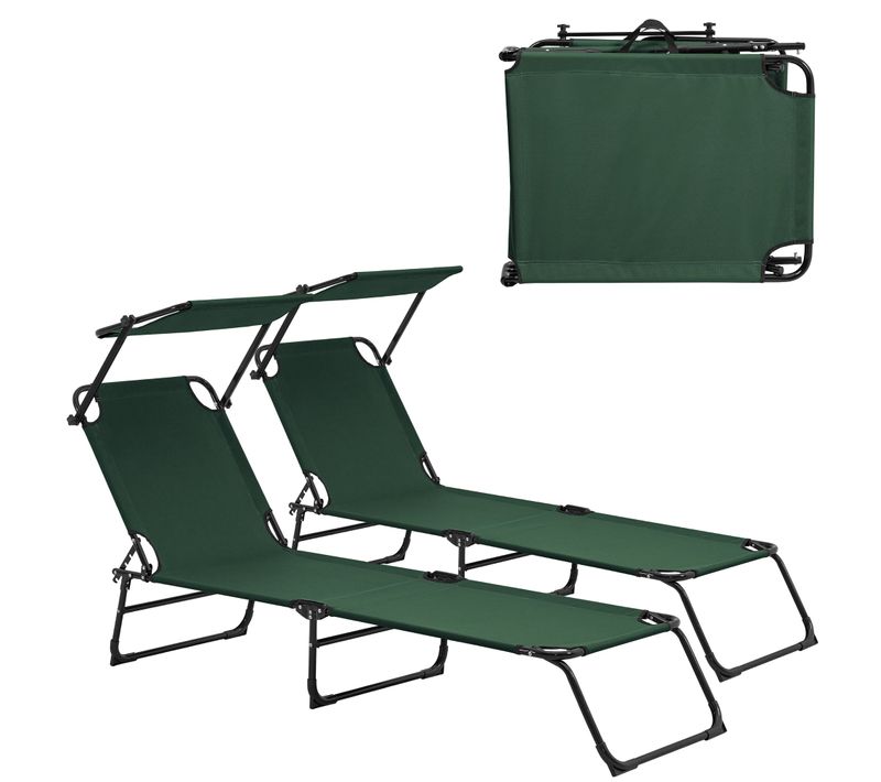 Lot De 2 Transats Pliable Avec Toiture Pare-soleil De Relax Acier 190 Cm Vert Foncé 0