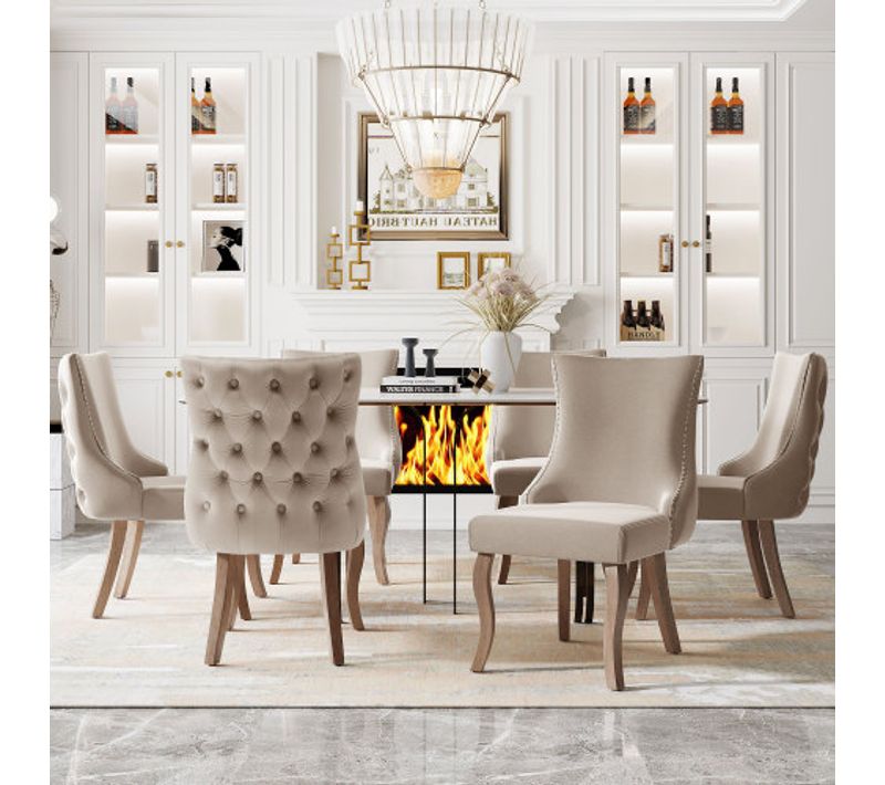 Ensemble De 6 Chaises De Salle à Manger En Velours Beige, Avec Matelassage De Boutons, Structure En