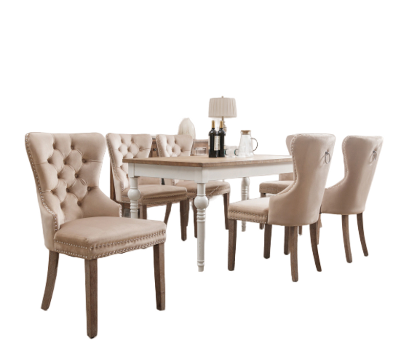 Lot de 6 Chaises de salle à manger rembourrée, pieds en bois massif, revêtement en velours, beige