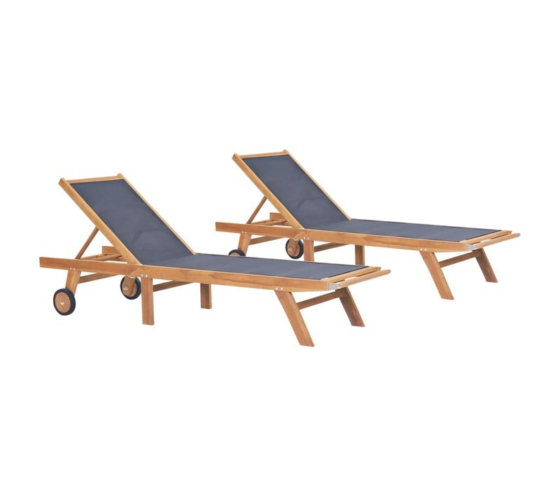 Chaises Longues Transat Pliables Avec Roulettes 2 Pièes Teck Et Textilène 02_0011955