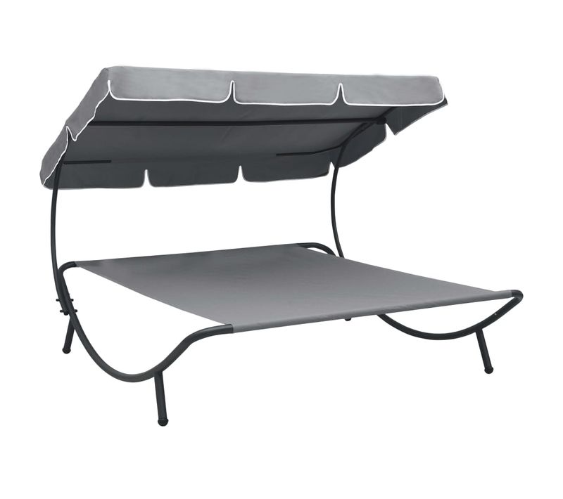 Lit De Repos Chaise Longue Transat D'extérieur 200 Cm Avec Auvent Gris 02_0012011