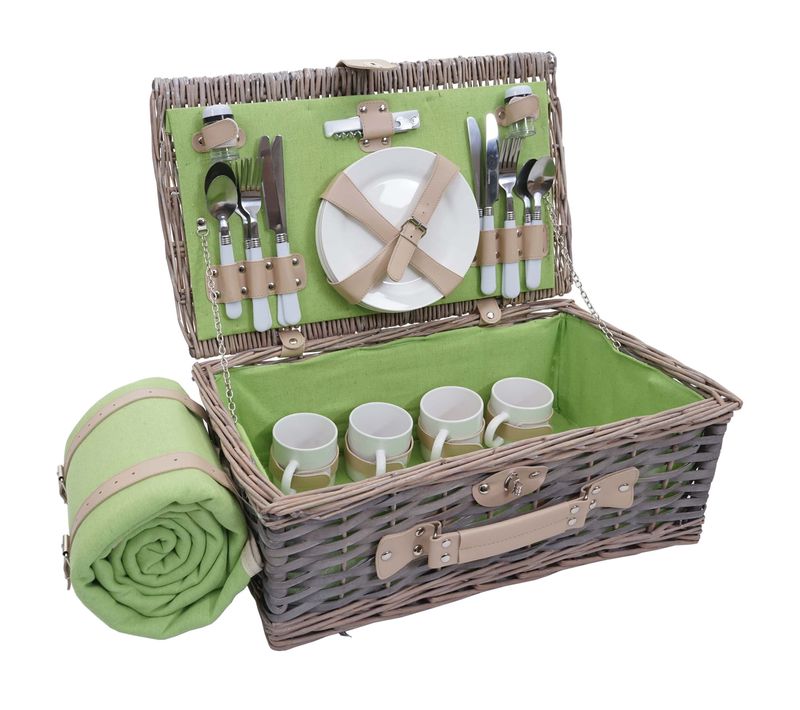 Panier Pique-nique Pour 4 Personnes Panier En Osier Acier Inoxydable Porcelaine Gris-vert Div04030