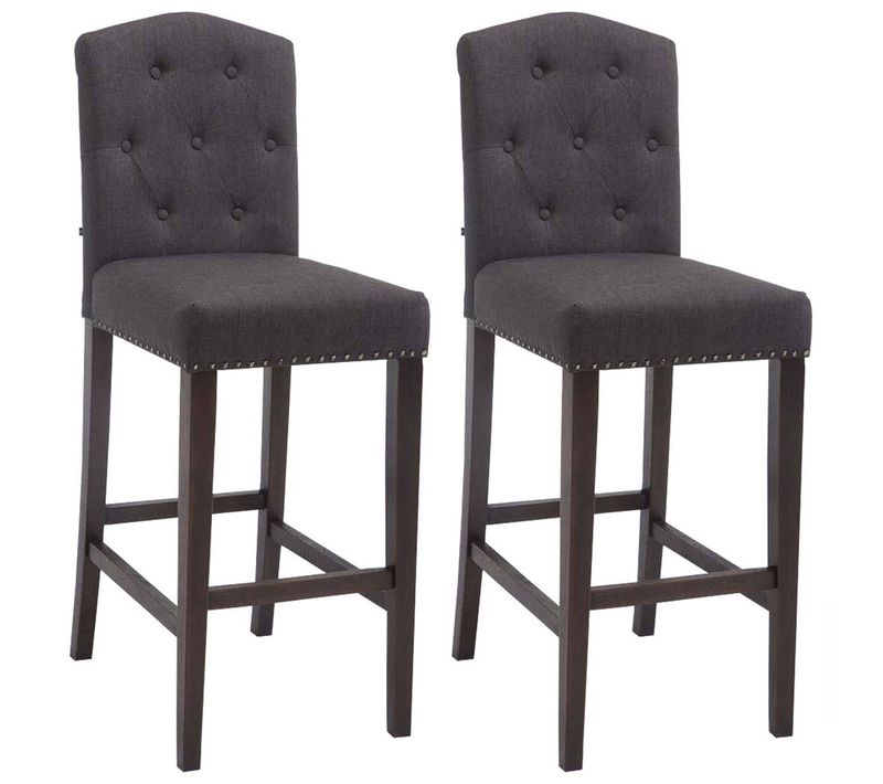 Lot De 2 Tabouret De Bar Capitonné Style Baroque En Tissu Gris Foncé Pieds En Bois Marron Foncé 10