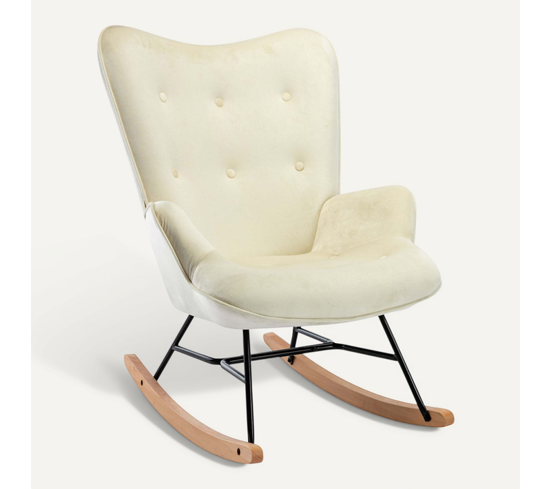 Fauteuil à Bascule Rocking Chair Bouton Décoratif En Tissu Velours Crème Confortable