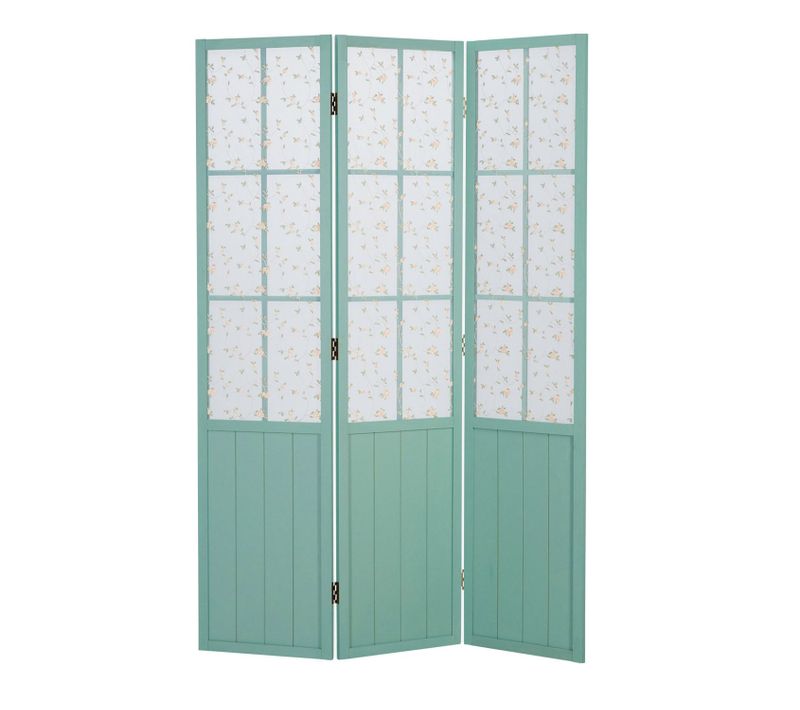 Paravent En 3 Panneaux Séparateur De Pièce En Bois Turquoise Et Tissu Floral 170x120 Cm Par06091